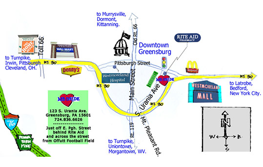 Map to Bridal Store, Greensburg, Pa