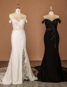 White and Black wedding dresses on mannequins. Sleeveless, they are.
