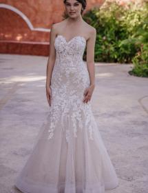 Model wearing a wedding dress on a huge patio