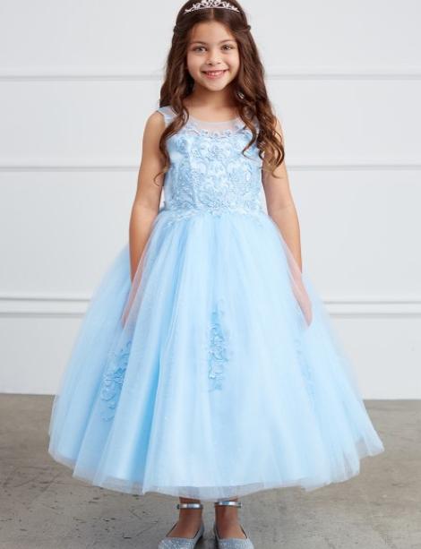 Little girl modeling a light blue flower girl dress