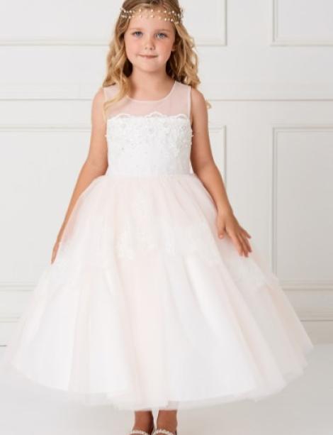 Flower girl dress being modeled by little girl in the Pittsburgh area