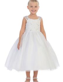 Reall cute little girl modeling a white flower girl dress