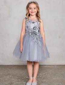Slate colored flower girl dress modeled by little girl