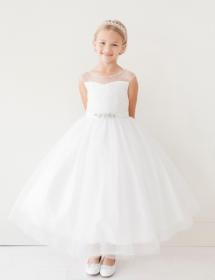 Little girl modeling a puffy white flower girl dres