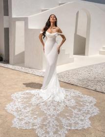 Wonderful wedding dress modeled by a women standing in front of a white elegant cement wall with a curved door. Incredible lace train.