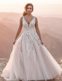 Model wearing a wedding dress on top of a mountain looking down at all creation!