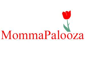 The word MommaPalooza spelled out in red with a flower (specifically a rose) over the "oo." The rose has a green stem.
