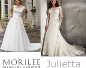 Two beautiful full figured models are standing and looking at you wearing Morilee style 3288 and 3283