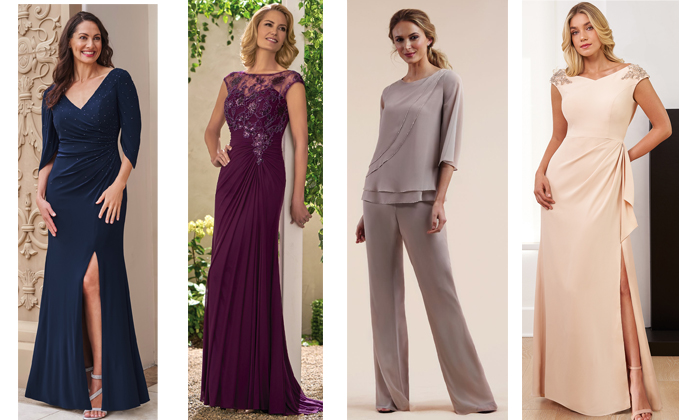 Four separate images of models wearing mothers dresses from Jade, Jasmine, and Jasmine Couture.