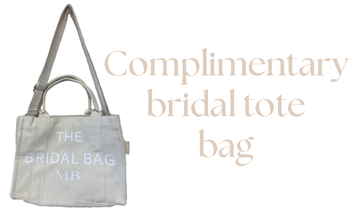 Image of a nice tote bag with the words Complimentary bridal tote bag.