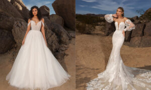 Two models wearing Kitty Chen wedding dresses in a desert surrounding.