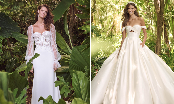 Two models in a jungle are modeling Maggie Sottero wedding dresses.