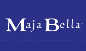 Image with white lettering on blue background of Maja Bella logo.