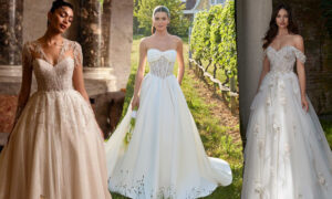 Three models wearing beautiful wedding dresses.