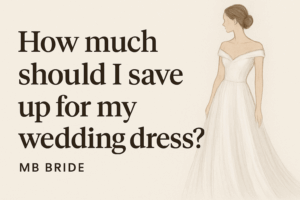Picture of cover for Bridal Blog post that has the words "how much should i save for my wedding dress? with a picture of a bride next to the words.